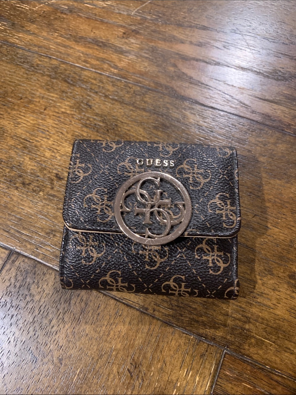 Vintage GUESS Brown Monogram Compact Wallet with Gold Logo Accent